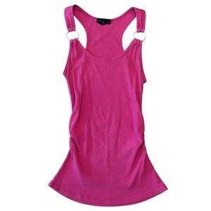 One Step Up | Y2K Hot Pink Ribbed Ruched Side Racerback Tank w/ O-Ring Detailing